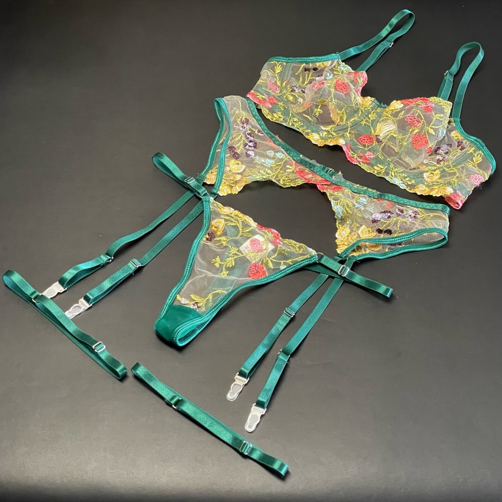 Green Floral Lingerie Set